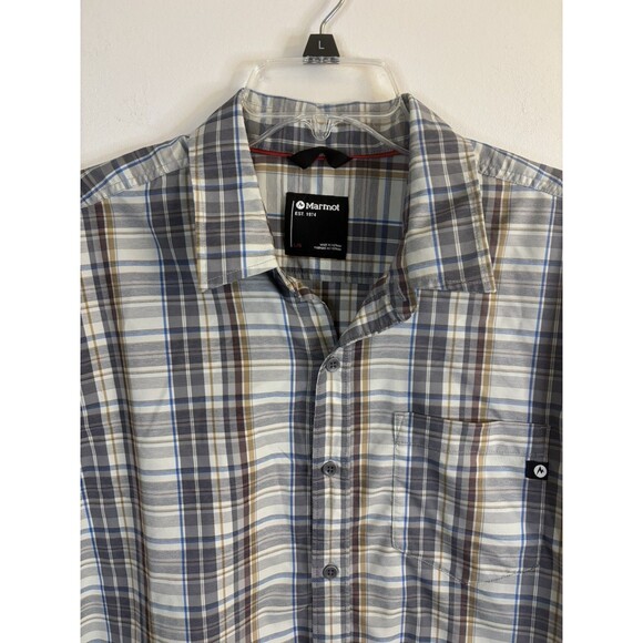 MARMOT Button Up Short Sleeve Shirt Men Large Gray Plaid Lightweight Casual - Picture 4 of 9